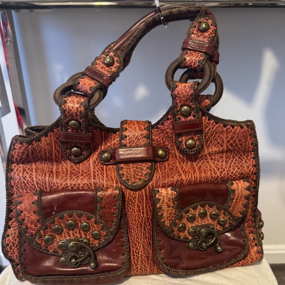 Isabella Fiore Textured Red and Brown Satchel